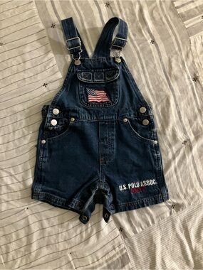 U.S. Polo Assn. Dark Blue Denim Short Overalls with Flag Patch Broken Button